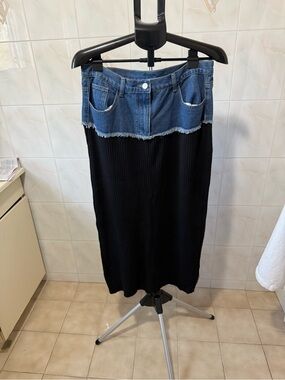Denim-Trim Black Knit Midi Skirt- Dress Blank